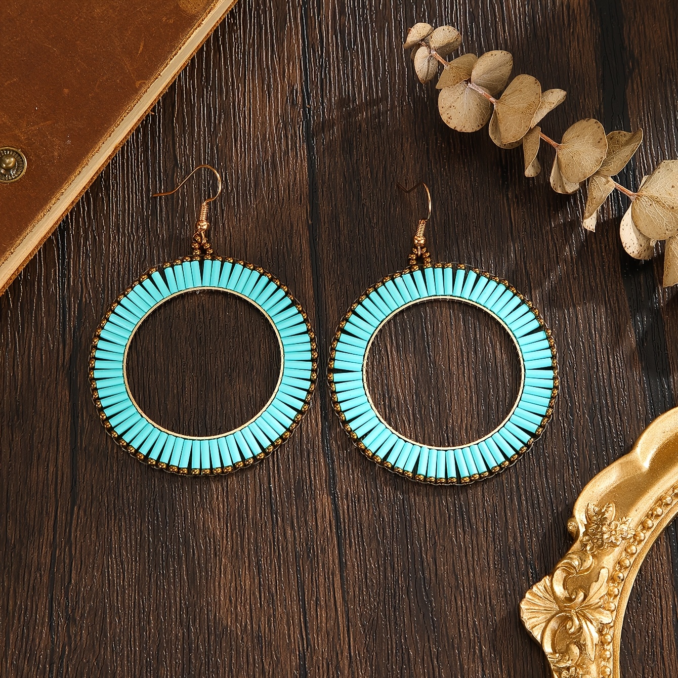 Bohemian Bead Peacock Green Earrings, Handmade